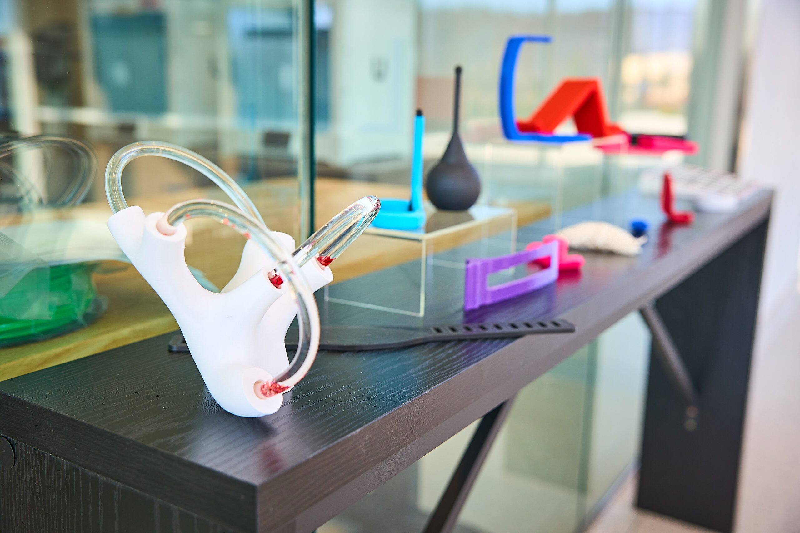 3D printed items on display in Good Shepherd Rehabilitation's Empower+ space at Good Shepherd Rehabilitation Hospital